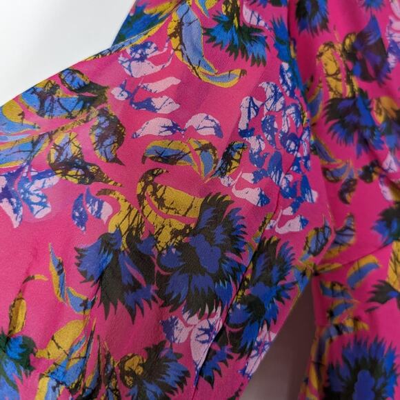 Saloni Edith Pink Floral V-Neck Midi Dress Silk Ruffle Size 0 Women's Preowned - Picture 13 of 15